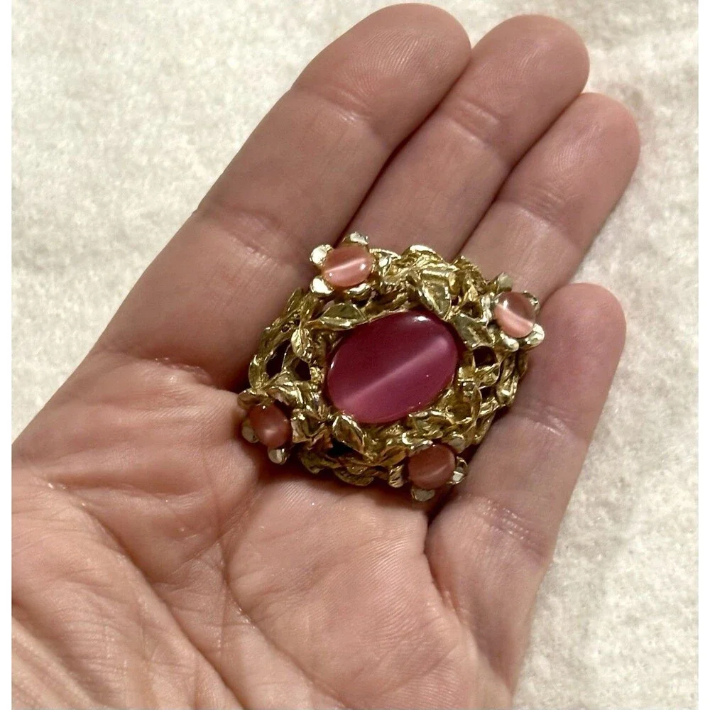 Vintage Pink Moonglow Cat Eye Cabochon Brooch Czech Style Gold Tone Floral Pin